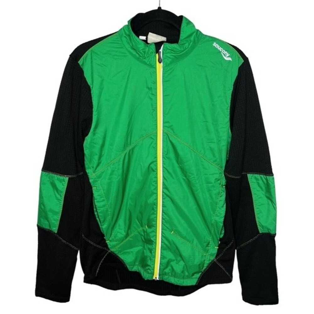 Saucony Running Jacket sz S * Green Windbreaker Front Breathable Fabric Back